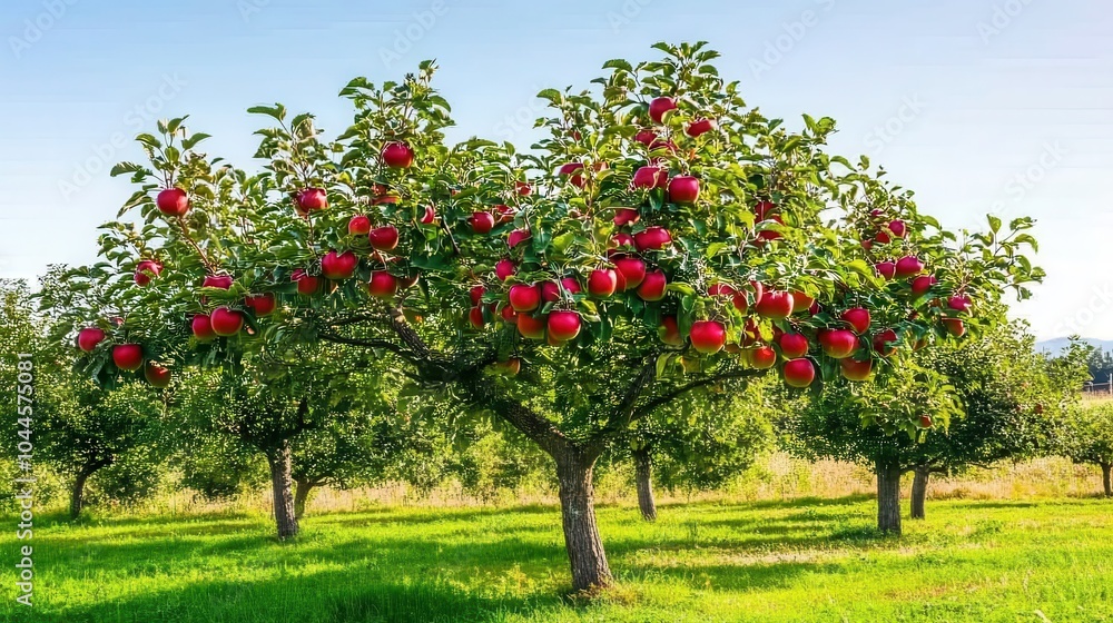 Naklejka premium Ripe Apple Trees in a Lush Orchard Landscape