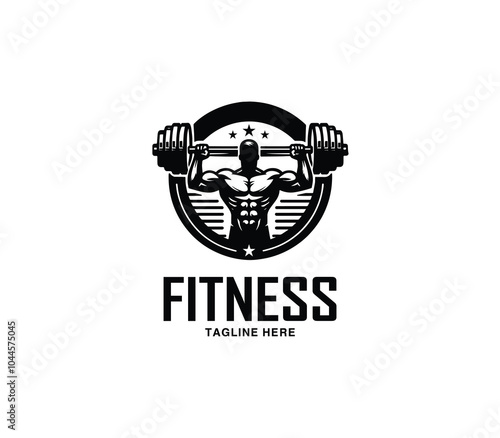 Fitness and gym body building logo design. Silhouette of bodybuilder. Fitness center gym logo vector