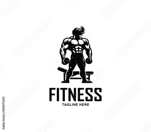Fitness and gym body building logo design. Silhouette of bodybuilder. Fitness center gym logo vector