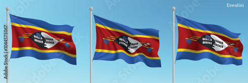 Set of three flags of Eswatini waving on flagpoles