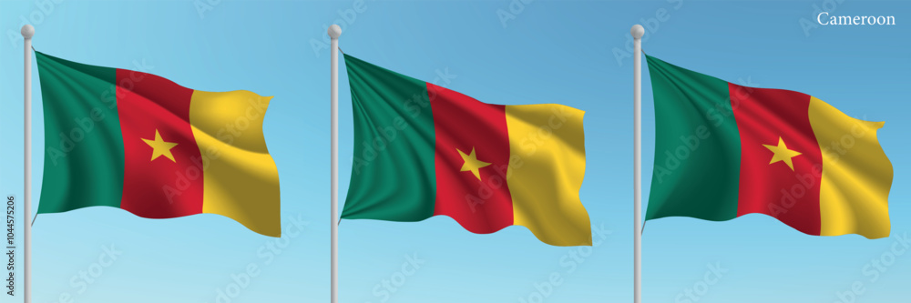 Set of three flags of Cameroon waving on flagpoles Set of three flags of Cameroon waving on flagpoles