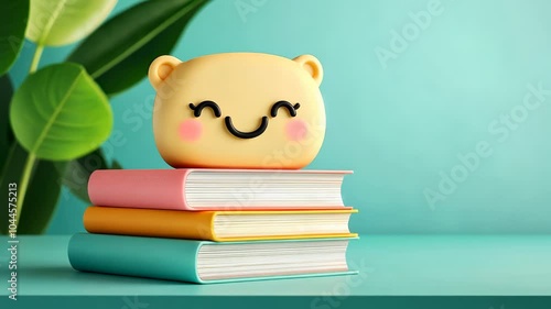 Wallpaper Mural A cheerful yellow bear figurine sitting on colorful books against a serene mint background Torontodigital.ca