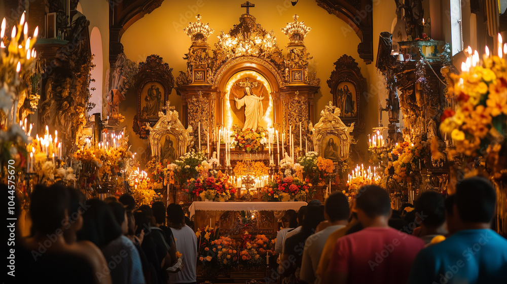 Obraz premium Festa do Divino Espírito Santo, inside the church filled with candlelight, the altar is decorated with large crowns and symbols of the Holy Spirit, the congregation prays devoutly, Ai generated images