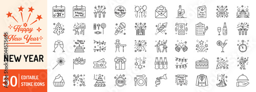 Happy New Year editable stroke outline web icons set. New year, celebration, wishes, music, dance, party, countdown and fireworks. Vector illustration