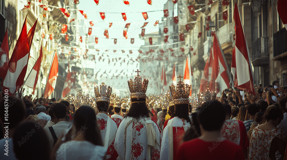 Festa do Divino Espírito Santo, a large procession with people dressed in traditional clothes, carrying glittering crowns symbolizing the Holy Spirit, red and white flags flying in the air Festa do Divino Espírito Santo, a large procession with people dressed in traditional clothes, carrying glittering crowns symbolizing the Holy Spirit, red and white flags flying in the air
