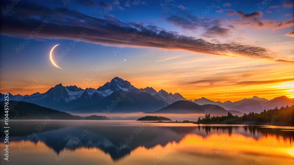 Obraz premium Mountain sunrise with crescent moon reflected on water