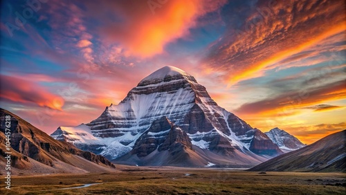 Mountain sunrise over Mount Kailash with colorful autumn sky silhouette