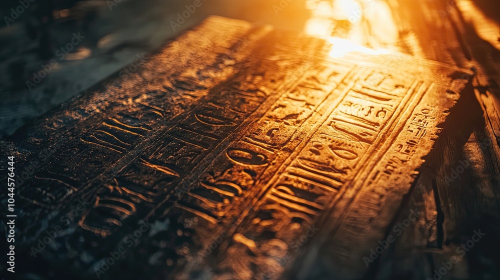 Ancient Egyptian Hieroglyphics Carved in Stone with Golden Sunlight Ancient Egyptian Hieroglyphics Carved in Stone with Golden Sunlight