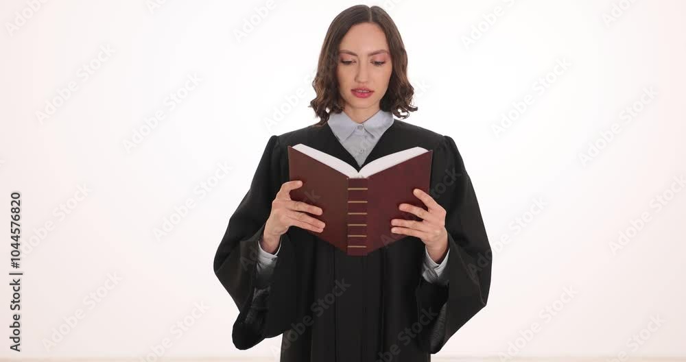 Judge dressed in black gown reads constitution on white backdrop. Woman magistrate deeply focused on large legal book studying law concept Judge dressed in black gown reads constitution on white backdrop. Woman magistrate deeply focused on large legal book studying law concept