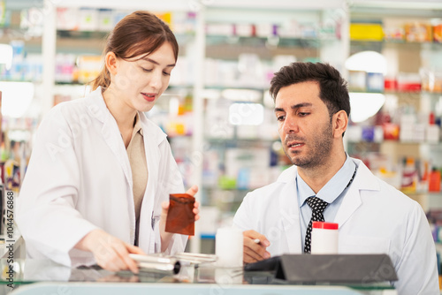 Pharmacists counting drug pills arranging assortment working in drug shelves counter