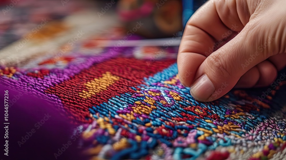 Obraz premium Close-up of a Hand Embroidering a Colorful Fabric