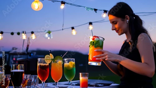 Bartender serving cocktails at a lively outdoor event with string lights and a sunset backdrop. video