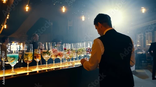 Bartender preparing drinks at a nighttime event, with vibrant lighting and a festive atmosphere. video