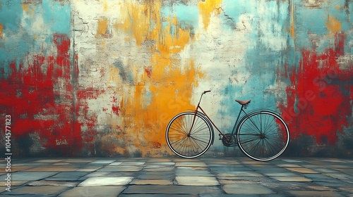 A vintage bicycle parked against a colorful, weathered wall. photo