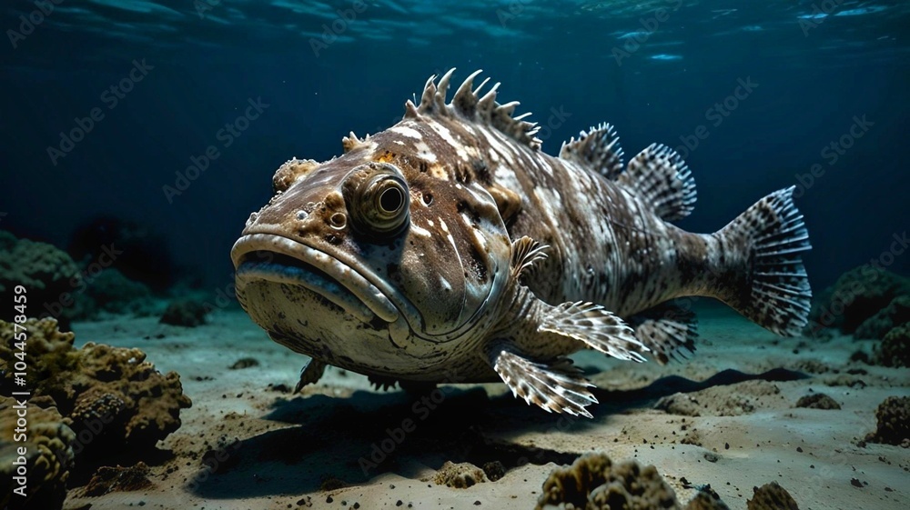 Grouper, A Grouper Swimming Through a Coral Reef, Capturing the Essence of Underwater Beauty and Mystery Grouper, A Grouper Swimming Through a Coral Reef, Capturing the Essence of Underwater Beauty and Mystery