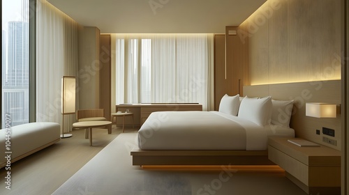 A serene room with light wood furniture, soft bedding, and clean lines