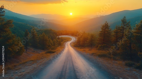 A winding dirt road leads into a picturesque valley at sunset, with the sun setting behind distant mountains.