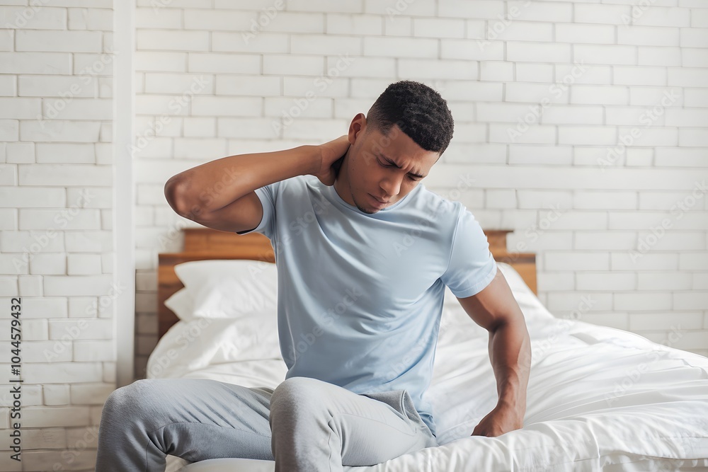 The man appears to be in discomfort, as he is touching his neck with one hand, possibly indicating some form of pain or strain.