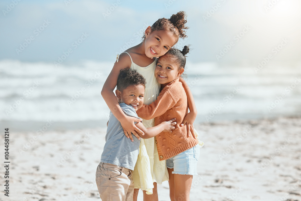 Love, hug and portrait of children at beach for travel destination, summer or vacation. Relax, tropical and adventure with siblings on family holiday for support, bonding and happiness together Love, hug and portrait of children at beach for travel destination, summer or vacation. Relax, tropical and adventure with siblings on family holiday for support, bonding and happiness together