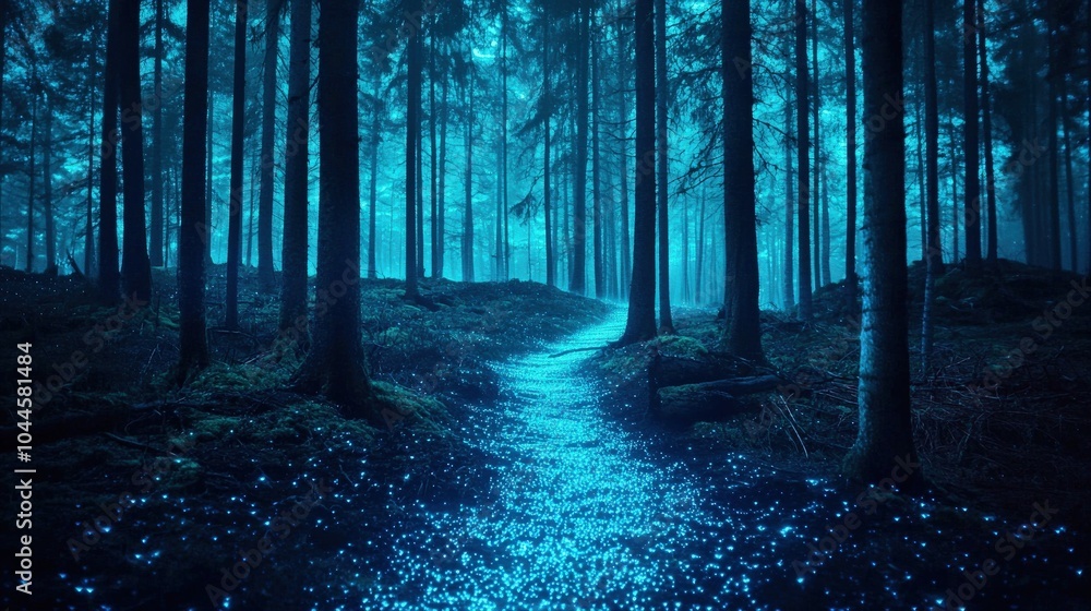 Fototapeta premium Mysterious forest path illuminated by blue light.