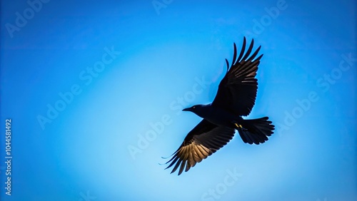 silhouette flying crow against blue sky