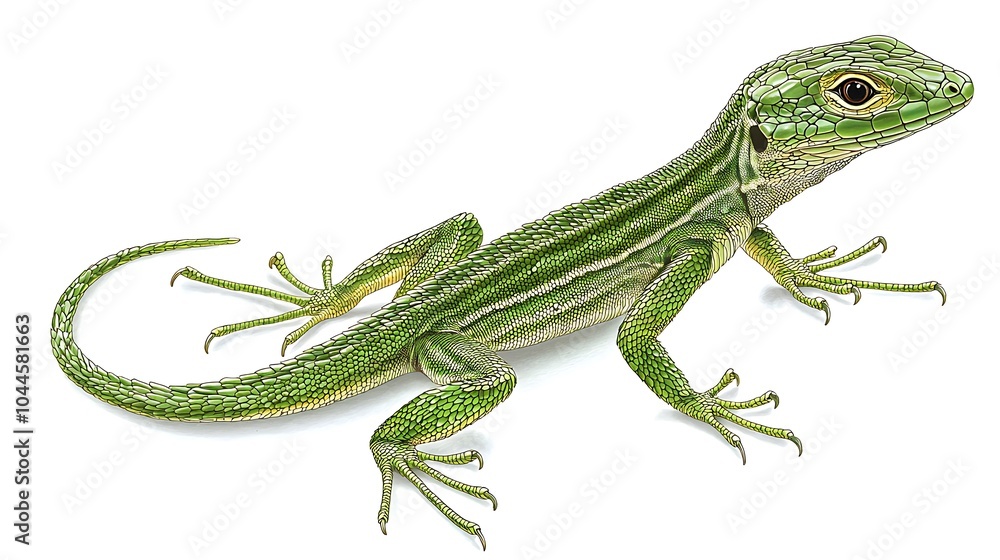 Naklejka premium Green Lizard with Striped Pattern: A close-up of a vibrant green lizard with distinct striped markings, showcasing its intricate scales and captivating gaze.