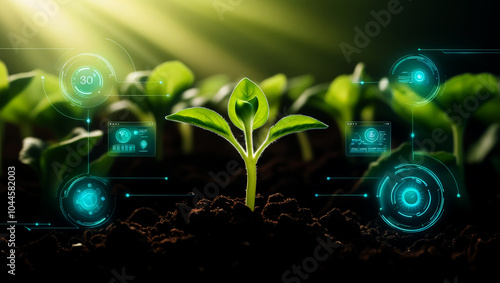 Wallpaper Mural Futuristic AI-Powered Agriculture with A Young Sprout Grows Amidst Digital Farming Interfaces – Sustainable Agriculture, Eco-Friendly Innovation, and Technological Advancement in Farming Torontodigital.ca