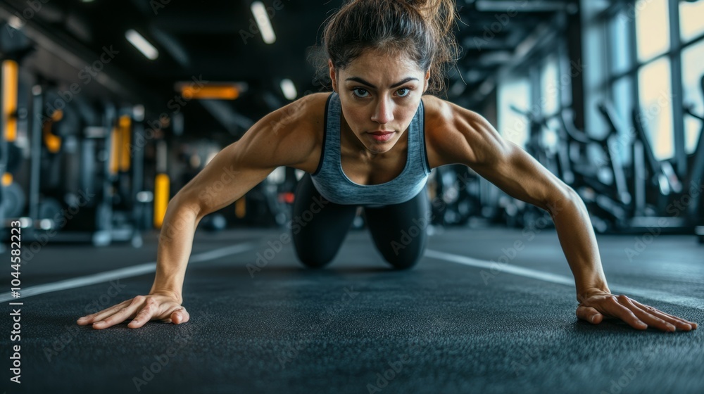 Fototapeta premium A person is performing core exercises on a yoga mat, focusing on strength and stability, with exercise equipment such as an exercise ball in the background.