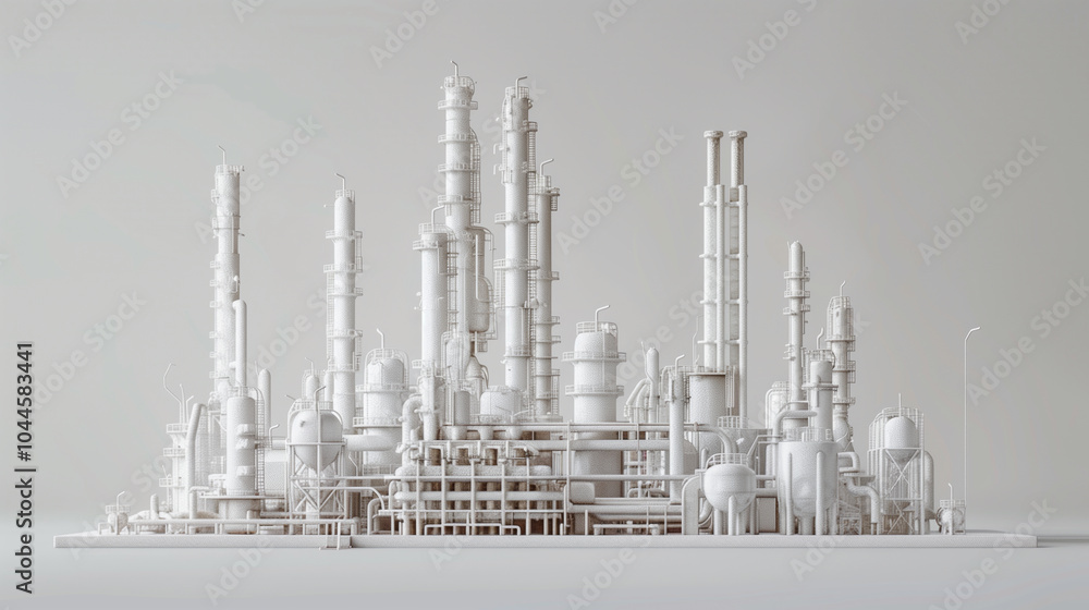 Obraz premium White 3D model of an industrial oil refinery with complex pipes and structures in a minimalistic setting