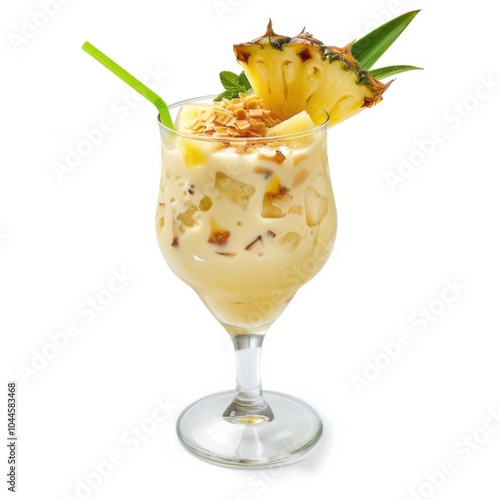 A tropical Pi甯絘 Colada with coconut flakes and pineapple wedge, displayed on an isolated white background, hyper-realism art style photo