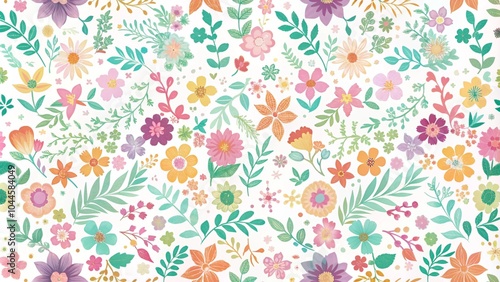 Wallpaper Mural Beautiful and bright spring colorful Pastel flowers, leaves, twigs. Pattern. Beautiful snail vine twigs with purple flowers on white background. Seamless floral pattern. Torontodigital.ca
