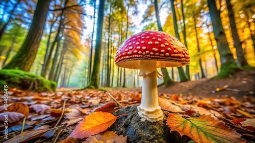 mystical fly agaric mushroom in Halloween forest concept photo