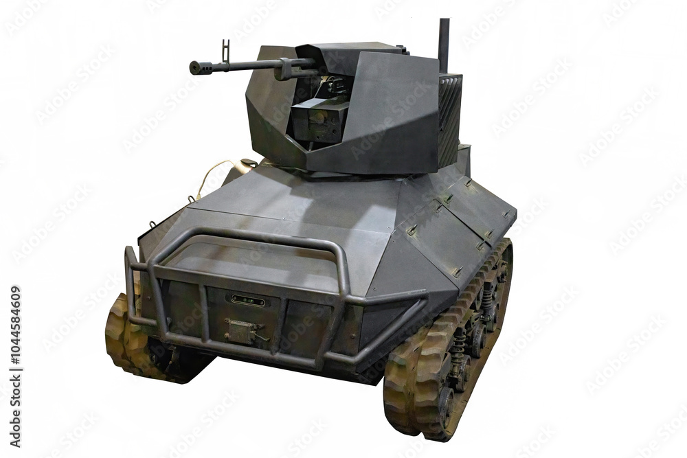 Armed military ground drone on a crawler isolated on a white background.
