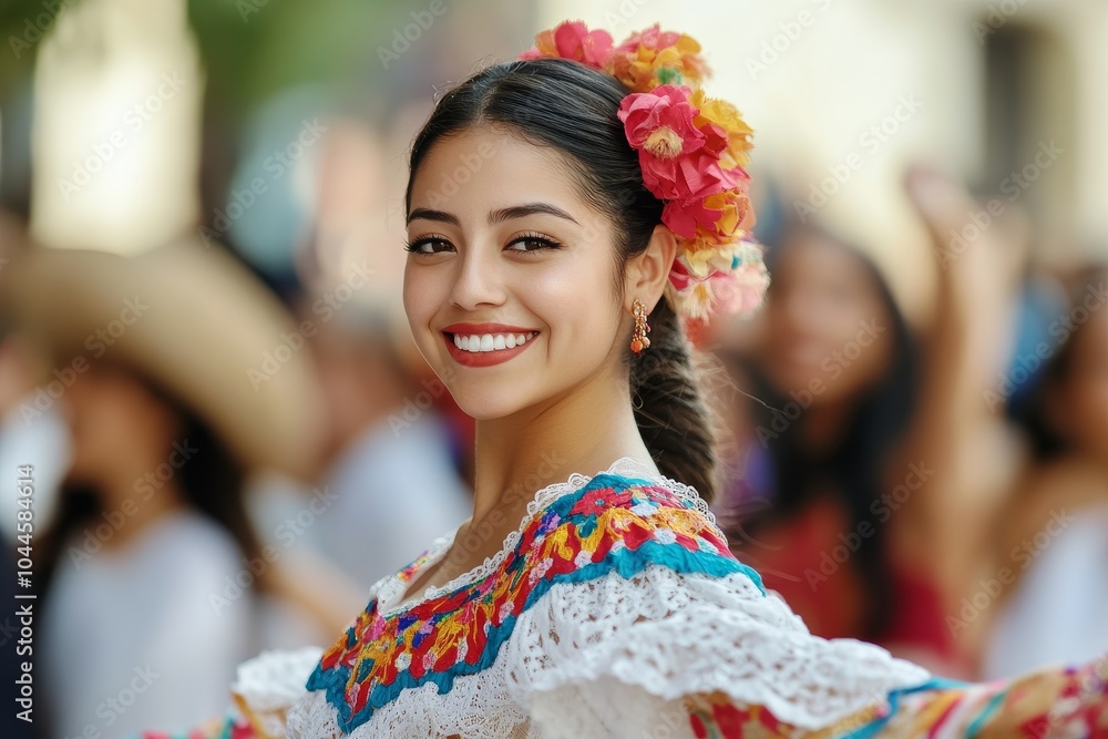 Hispanic woman performing traditional folk dance during street festival while enthusiastic crowd cheers. Cultural heritage through passionate movement. Latina dancer in flowing traditional costume. Hispanic woman performing traditional folk dance during street festival while enthusiastic crowd cheers. Cultural heritage through passionate movement. Latina dancer in flowing traditional costume.