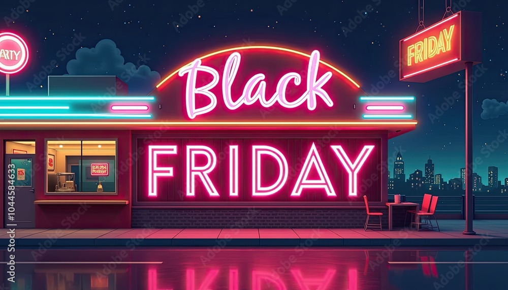 Quirky retro diner theme with Black Friday neon sign banner in fun, playful font. Quirky retro diner theme with Black Friday neon sign banner in fun, playful font.