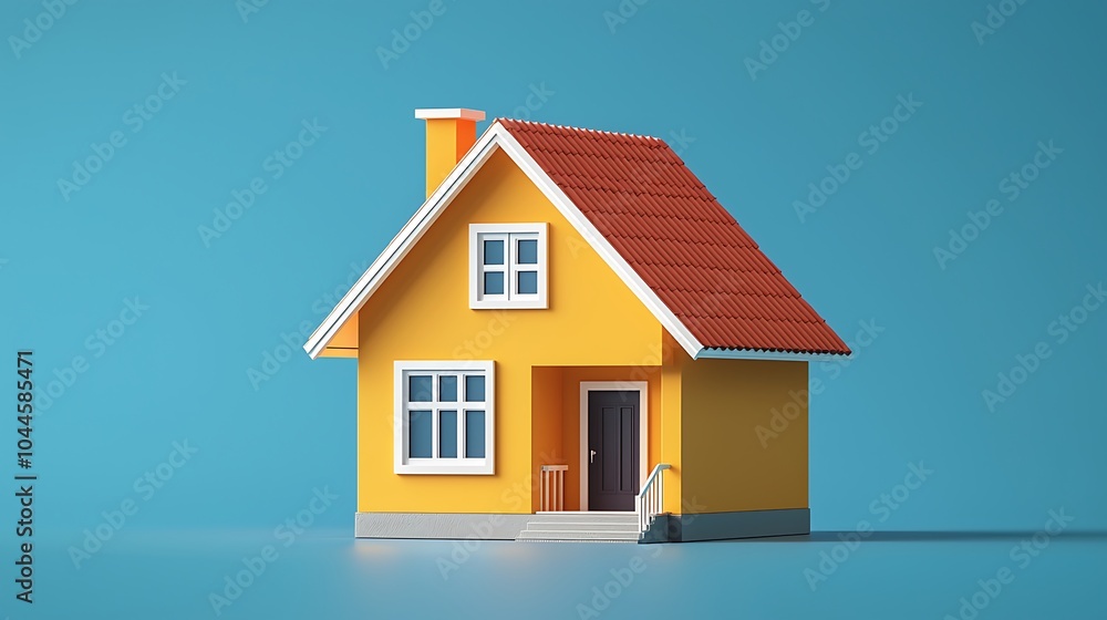 Dream Home: A cheerful yellow house with a red roof, rendered in a minimalist 3D style against a tranquil blue background. Perfect for real estate, homeownership, and family concepts. Dream Home: A cheerful yellow house with a red roof, rendered in a minimalist 3D style against a tranquil blue background. Perfect for real estate, homeownership, and family concepts.