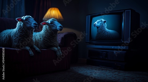 Two sheep in a dark room watching tv  a symbol of propaganda and addiction to false news photo