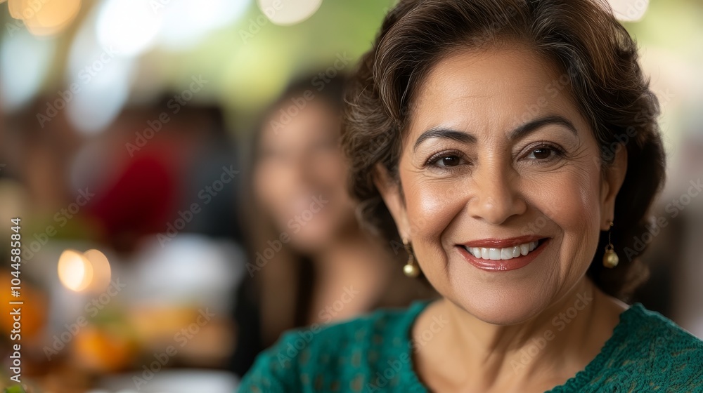 Close-up of a Hispanic woman celebrating a cultural holiday with family, showcasing traditional foods and decorations, emphasizing the warmth and unity of the gathering Close-up of a Hispanic woman celebrating a cultural holiday with family, showcasing traditional foods and decorations, emphasizing the warmth and unity of the gathering