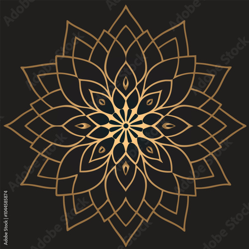 gold mandala flower design in black background