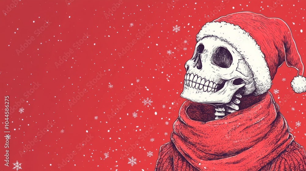 Fototapeta premium Druk Skeletons having Christmas party at home. Xmas cartoon funny design concept. Holiday banner with place for text.