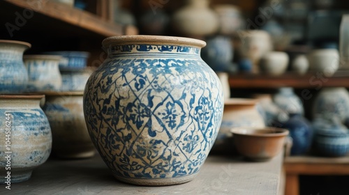 Antique Ming Dynasty Clay Pot with Faded Blue Design