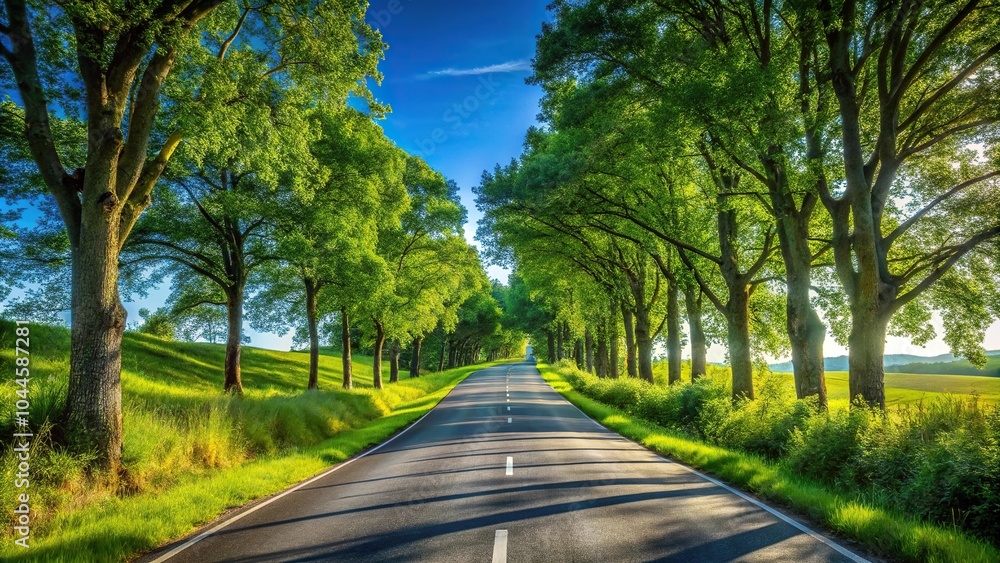 Fototapeta premium narrow road going through trees in the countryside under blue sky Extreme Close-Up