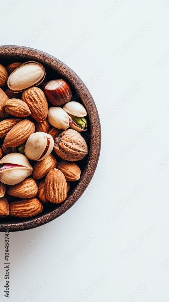 A wooden bowl filled with assorted nuts, showcasing a variety of textures and colors. A wooden bowl filled with assorted nuts, showcasing a variety of textures and colors.