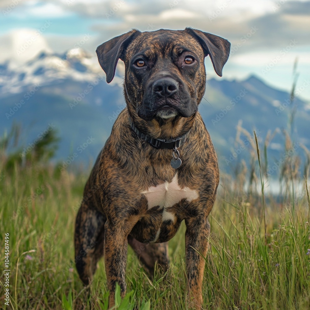 A brindle dog sits in tall grass, with mountains in the background. A brindle dog sits in tall grass, with mountains in the background.