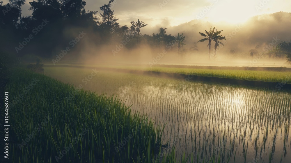 Fototapeta premium Misty Rice Paddy Field in Early Morning Light