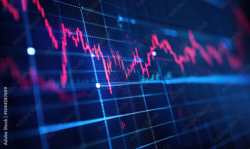 Closeup financial chart with uptrend line candlestick graph in stock market on blue color monitor Closeup financial chart with uptrend line candlestick graph in stock market on blue color monitor