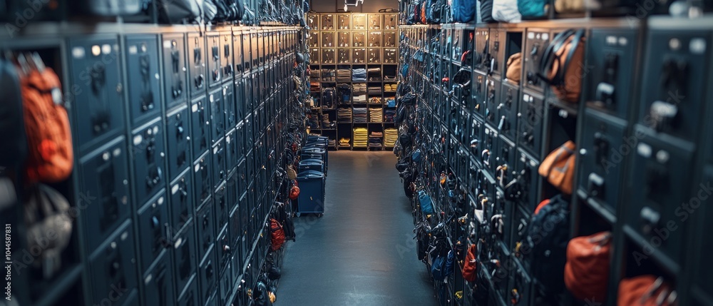 The locker room features a long aisle lined with organized lockers and various bags, highlighting a well-maintained communal storage area The locker room features a long aisle lined with organized lockers and various bags, highlighting a well-maintained communal storage area