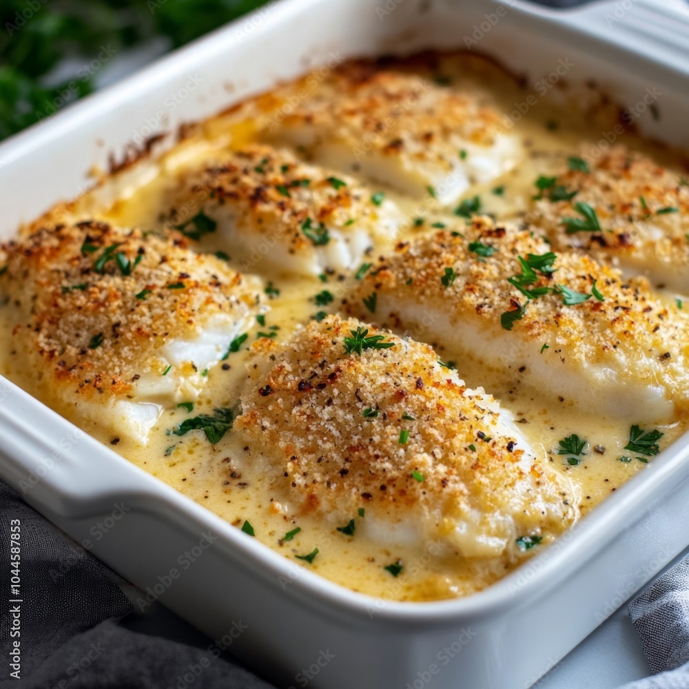 Baked fish fillets with creamy sauce and bread crumbs in a white baking dish. Baked fish fillets with creamy sauce and bread crumbs in a white baking dish.
