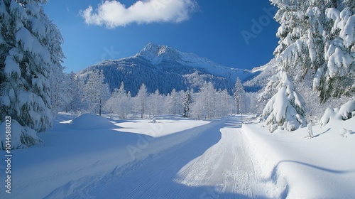 Winter Ski Resort high quality photo. Mountains and forest trees, vail snowy landscape. Family holidays vacation background. photo