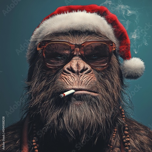 A cool gorilla with sunglasses, a Santa hat, and a cigarette in his mouth. photo